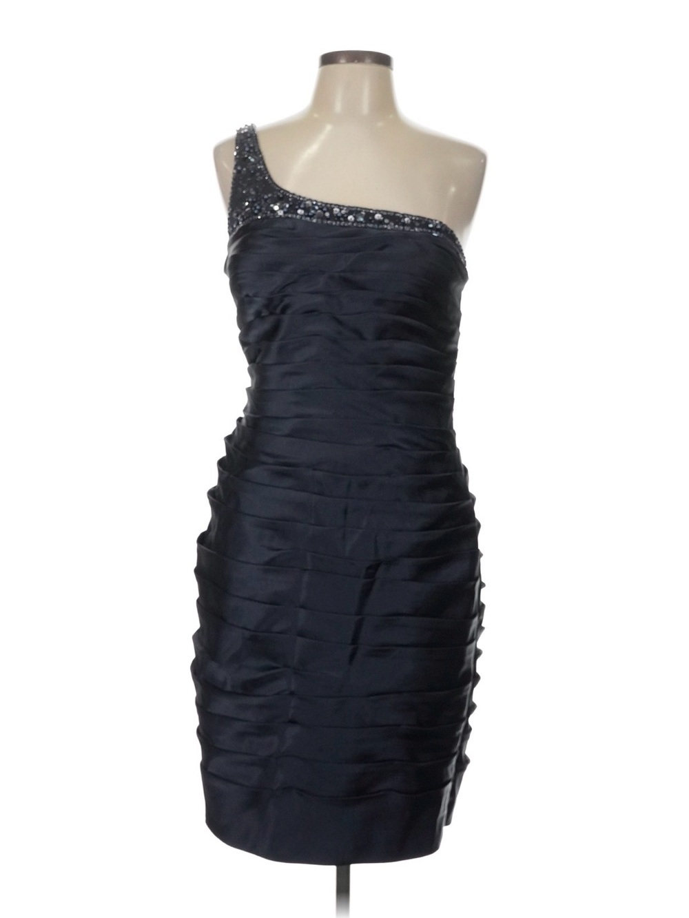 Adrianna Papell One-Shoulder Navy Cocktail Dress with Beaded Strap
